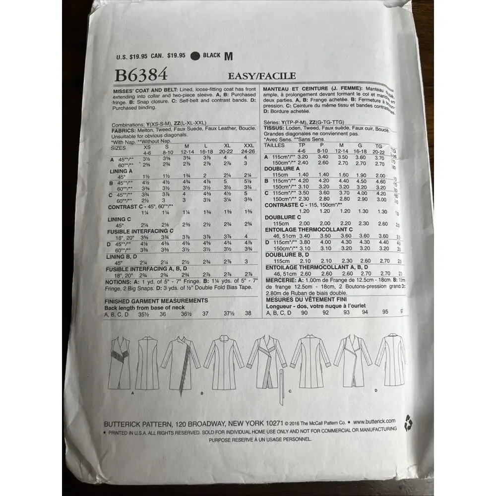 Butterick Pattern B6384 Easy Misses' Coat Vest Belt Womens Sz XS, S, & M - UNCUT